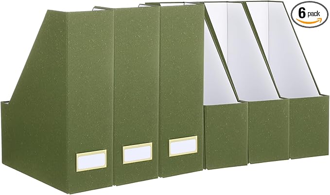 Gueevin Set of 6 Magazine File Holder Stylish Sturdy Cardboard File Boxes Desk Magazine Organizer Rack with Gold Label Holder to Organize Your Desk or Shelves for Home Classroom Office Library(Green)