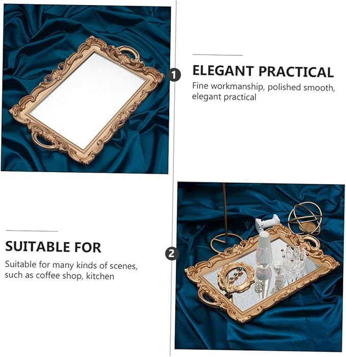 SAFIGLE Vintage European Mirror Tray Golden Storage Plate Cosmetic Makeup Organizer Elegant Household Vanity Display for Perfume Jewelry and Dessert