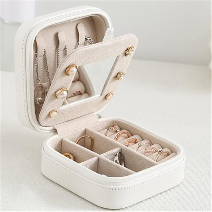 Double-layer Women's Mini stud earrings rings Jewelry Box Useful Makeup Organizer With Zipper Travel Portable Jewelry PU Box