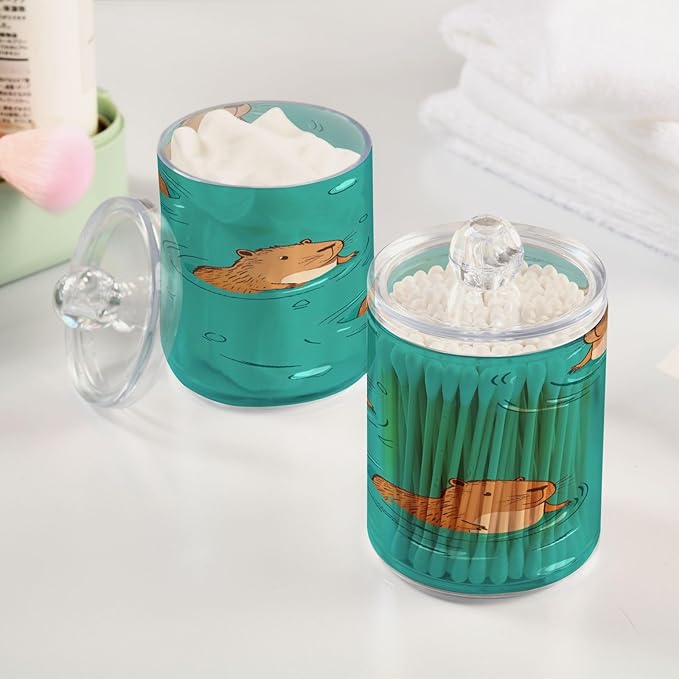 Nander 2Pack Cute Cartoon Capybara Qtip Holder Dispenser -Clear Plastic Apothecary Jars Set - Restroom Bathroom Makeup Organizers Containers for Cotton Swab, Ball, Pads, Floss
