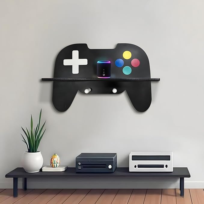 Game Room Decor Gaming Floating Shelf for Wall - Retro Controller Shaped Wooden Display Rack with Hooks for Controllers and Headphones, Black, Gaming Room Organizer for Boys and Teens