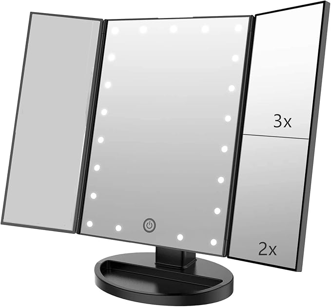 Flymiro Tri-fold Lighted Vanity Makeup Mirror with 3x/2x Magnification,Light up Mirror for Makeup,Touch Screen 21 LEDs,180° Rotation Countertop Cosmetic Mirror,Gifts for Women Mom Teen Girls