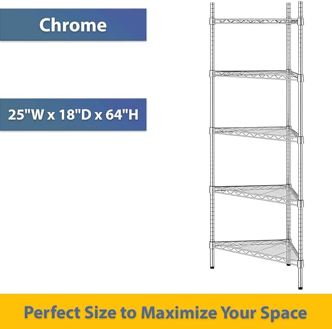 25" W x 18" D x 64" H NSF Chrome Triangle Heavy Duty Corner Shelving Kit, 5-Shelf Adjustable Wire Rack