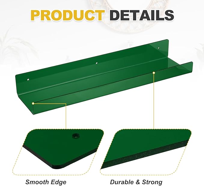 MECCANIXITY 4 Pack Acrylic Shelves for Wall, 15 Inch Green Floating Shelves Wall Mount Display Shelf Organizer for Bathroom, Bedroom, Living Room, Room Decor