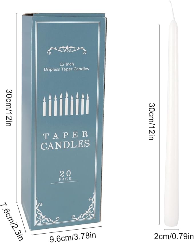 Howemon 20 Pack White Taper Candles 12 Inch Tall 3/4 Inch Thick Burn 10 Hours