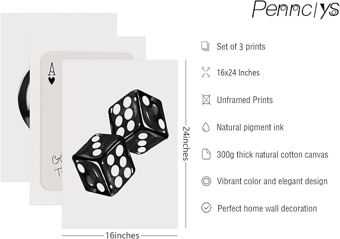 Black White Aesthetic Wall Art Decor 8 Ball Canvas Poster Y2k Cool Dice Pictures Black White Room Decor Trendy Poker Poster Prints Retro Painting Artwork for Apartment Dorm 16x24 Inch Unframed 3Pcs