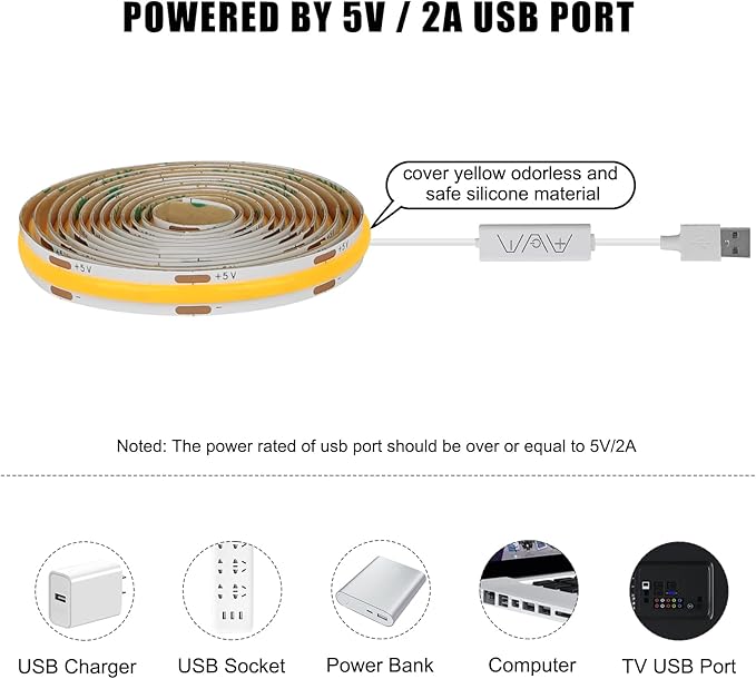 Tatazone 5V USB COB Led Strip Light with RF Remote, 4.92ft 3000K CRI93+ Dimmable USB Powered COB Led Light Strip, Indoor COB Led Light for Cabinet, TV, Camping, Monitor, Showcase, Motorhome