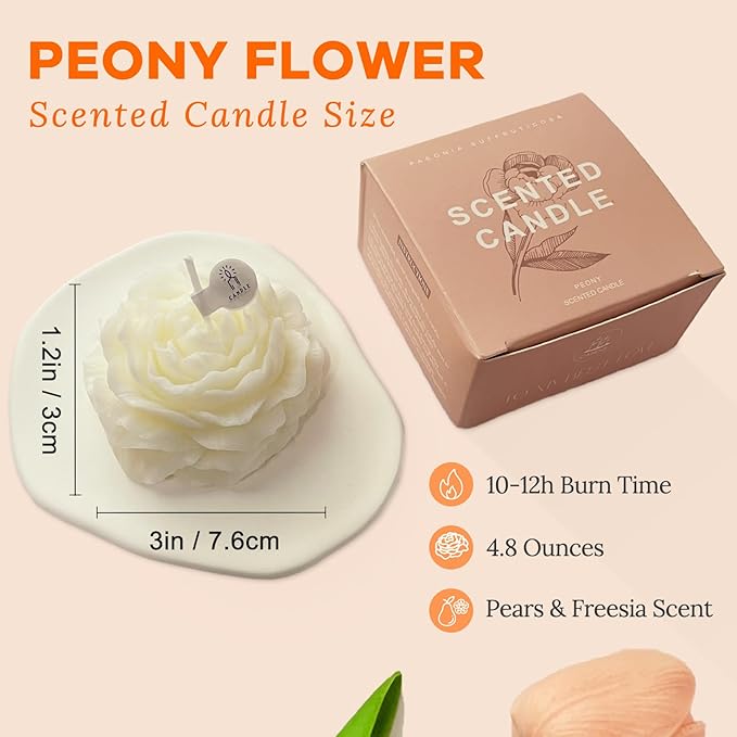 White Peony Flower Shape Candles for Women Friends Colleague Classmates Gift, 3 Inch Pastel Aesthetic Scented Candle with English Pears & Freesia Scent
