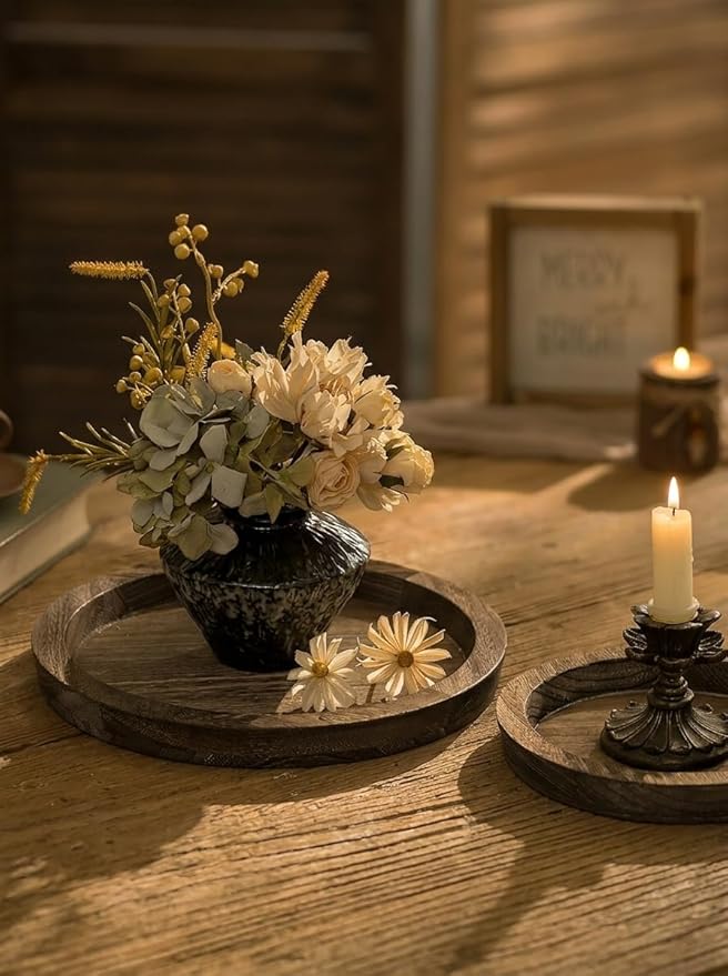 Hanobe Candle Plate Holder Tray: Round Wood Decorative Candle Plate - Rustic Farmhouse CoffeeTable Decor - Tealight Pillar Trays for Home Decor (Distressed)