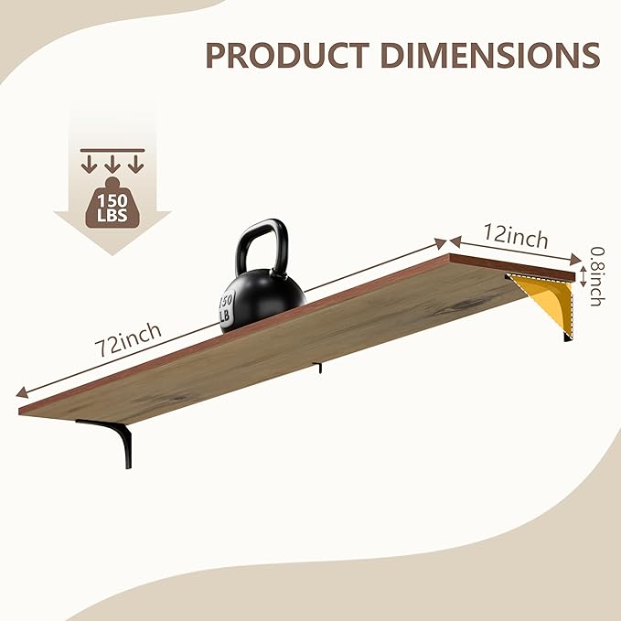 12 Inch Deep Floating Shelves Set of 2, 72 Inch Extra Wide Brown Solid Wood Wall Shelves, 6ft Heavy Duty Farmhouse Wall Mounted Shelving for Kitchen, Living Room & Bedroom
