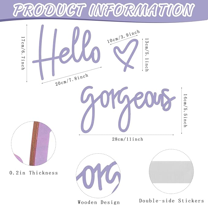 Blulu Hello Gorgeous Wall Decor Sign Hello Gorgeous Wall Art Minimalist Wooden Words Decor for Lash Room, Salon, Vanity or Makeup Room, Bathroom, Bedroom, Office(Purple)