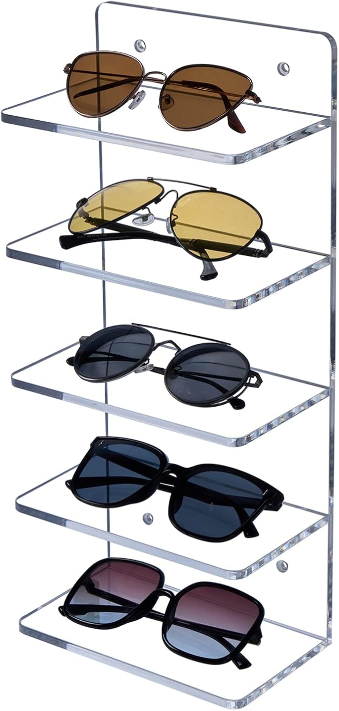 MyGift 5 Tier Premium Clear Acrylic Sunglasses Holder Rack, Wall Mounted Eye Glasses Shelf or Tabletop Display Stand, Retail Eyewear Showcase Storage Organizer