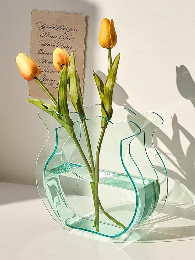Acrylic Flower Vase Fish Tank for Small Goldfish Make-up Brush/Pen Holder Elegant Modern Contemporary Design Vase for Home Office Wedding Decor (Green Glass, Flower)