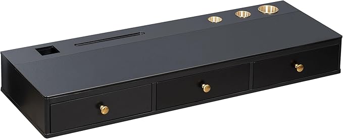47-Inch Floating Shelf Wall-Mounted Vanity Table with Drawer, Makeup Desk, Closet Organizer, Black, MDF+Glass