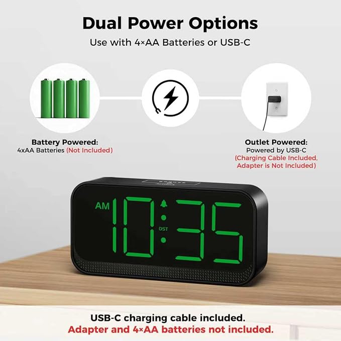 Acedeck Battery Operated Digital Clock: Cordless Small Alarm Clock for Bedroom Travel - Large Numbers 4 Dimmers for All Ages Green Digits