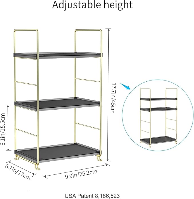 Freestanding Organizer Shelf, 3-Tier Bathroom Countertop Organizer, Makeup Organizer -Corner Storage Shelf, Kitchen Spice Rack,Standing Shelf for Bathroom, Bedroom, Kitchen (Black)