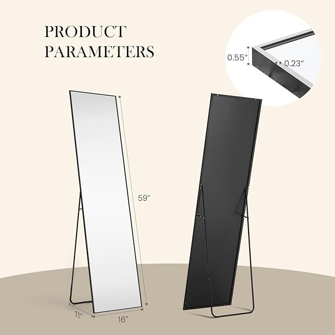 NEWBULIG Full Length Mirror, Full Body Floor Mirror with Aluminum Alloy Thin Frame, Wall or Standing Mirror for Bedroom, Living Room, Dressing Room