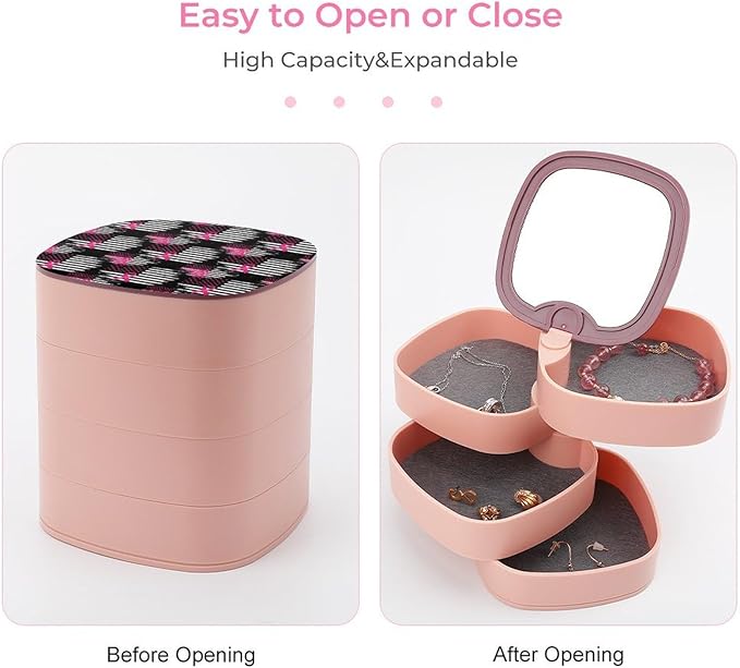 4-Layer Rotatable Jewelry Storage Tray with Mirror Breast Cancer Awareness Ribbon Pink American Flag Jewelry Organizer Earring Holder for Women