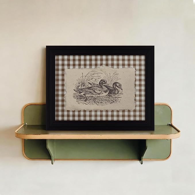Nature Duck Animal Poster Vintage Brown Gingham Canvas Wall Art Rustic Cottagecore Pond Prints for Country Farmhouse Wall Decor 12X16 inch Vintage Framed