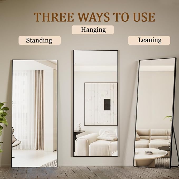 Koonmi 71"x26" Floor Mirror Full Length, Bedroom Floor Body Mirror with Stand, Large Black Mirror, Leaning, Standing or Hanging Horizontally/Vertically