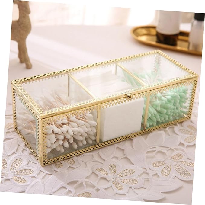 FRCOLOR Jewelry Organizer Box with Glass Lid and Gold Metal Frame Compartment Makeup Organizer Case for Rings Earrings Necklaces Dustproof Decorative Storage for Vanity Desk and Bathroom