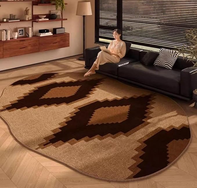 Retro Brown Geometric Pattern Irregular Rug Ultra Soft Faux Wool Abstract Shaped Area Rug for Living Room Bedroom Nursery Boho Farmhouse Home Office Carpet Non Slip Under Dining Table Floor Mat 2x3