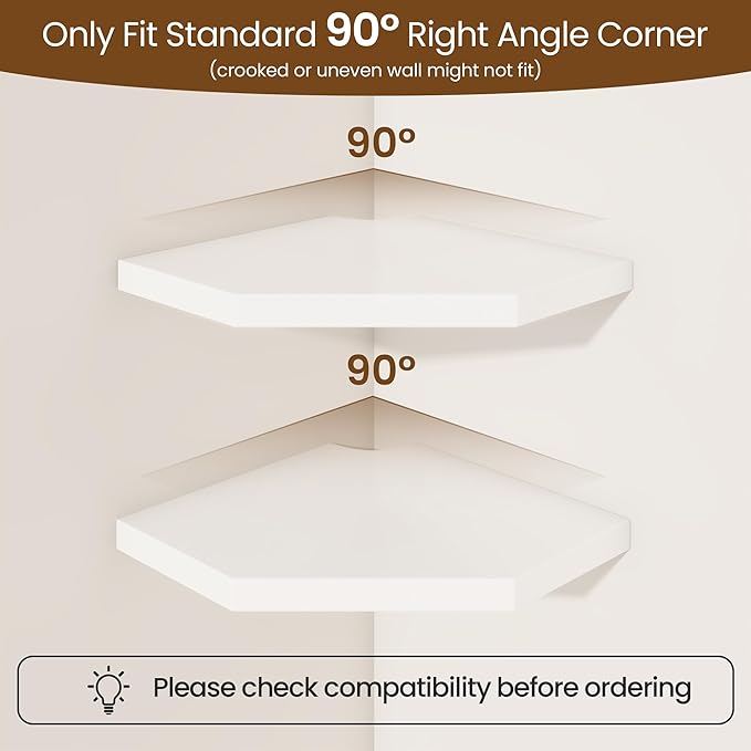 Fun Memories Corner Shelf Wall Mount, Solid Oak Wood Floating Corner Shelves with Cable Hole, 7in Rustic Design for Bedroom, Bathroom, Kitchen, Living Room (White, 1 Pack)