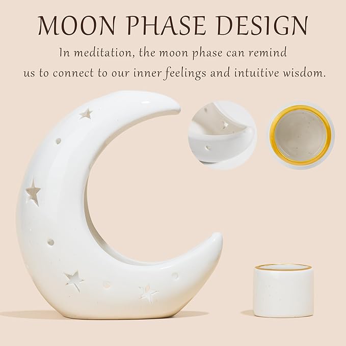 ZenBless Moon Versatile Ceramic Backflow Incense Holder and Burner Waterfall,for Burning Sage, Palo Santo, Backflow Cone and Candle,Aromatherapy Ornament Home Room Decor,the Ideal Present (White)