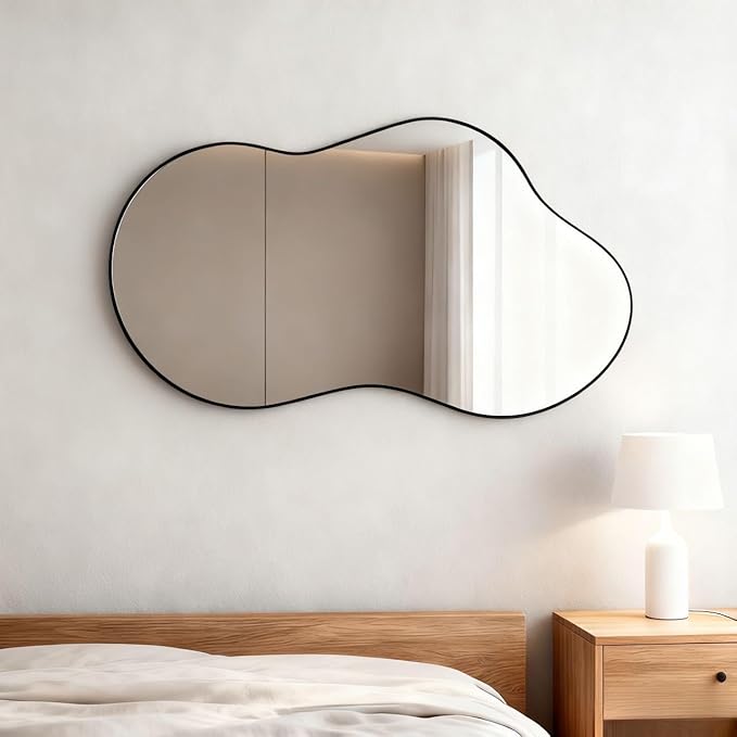 Itrue 20x36 Inch Black Framed Irregular Tempered Glass Wall Mirror, Asymmetrical Vanity Mirror for Bathroom, Bedroom, Entryway
