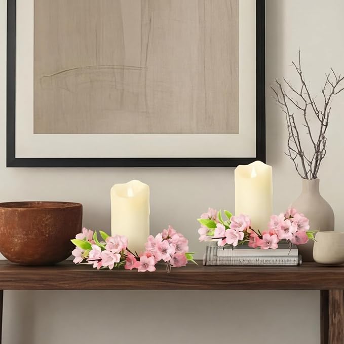 Daifunli 2 Pcs Spring Cherry Blossom Candle Ring Artificial Cherry Blossom Wreaths for Pillar 3.9 Inch Candles Holder for Spring Country Wedding Kitchen Rustic Table Centerpiece Decor