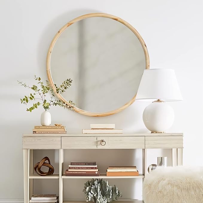 sawsile Round Wood Mirror 24" Natural Circle Wooden Nursery Farmhouse Rustic Decorative Large Wall Mirror for Bathroom,Living Room, Fireplace,Hallway