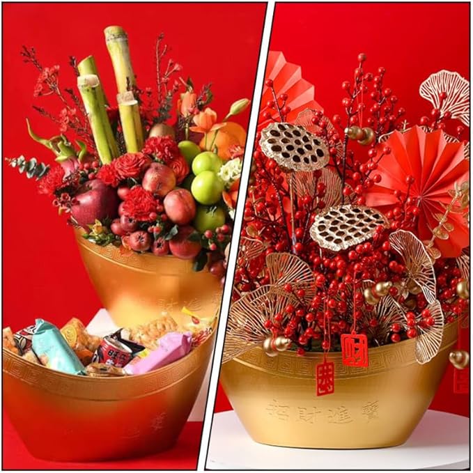 Yuanbaofu Bucket Golden Plastic Ingot Shape Wedding Housewarming Gift Storage Container Home Sundries Organizer New Year Flower Container Prosperity Basket 15.74X9.05X8.26In