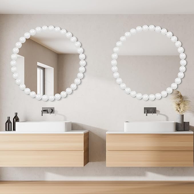 White Round Wall Mirror 24'' Wood Beaded Mirror for Wall Decor Large Circle Decorative Wall Mirror White Hanging Mirror for Bathroom,Bedroom,Living Room,Nursery Room,Kids Room