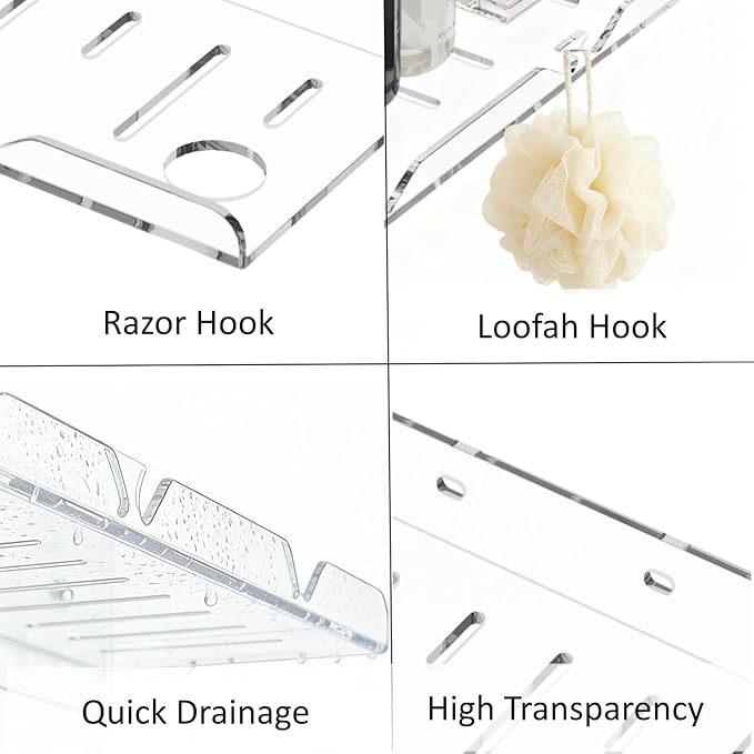 Acrylic Bathroom Shelves, 2 Pack, 12 inch, Adhesive Shower Shelves, Clear Wall Shelf, Rental Friendly,No Drill, Shower Caddy for Perfume, Cosmetics, Skincare