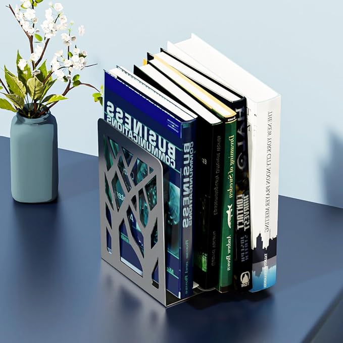 MaxGear Book Ends Tree Design Modern Bookends for Shelves, Non-Skid Bookend, Heavy Duty Metal Book Stopper for Books/DVDs, Decorative CD Holder & Video Game Organizer, 7 x 4.7 x 3.5”, Black