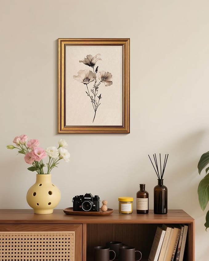 Bzstyleart Vintage Wall Art Decor for Living Room, Canvas Framed Flower Wall Art, Sketch Poppy Flower Picture Painting, Vintage Room Decor Aesthetic for Bedroom Kitchen, California, 12L x 16W