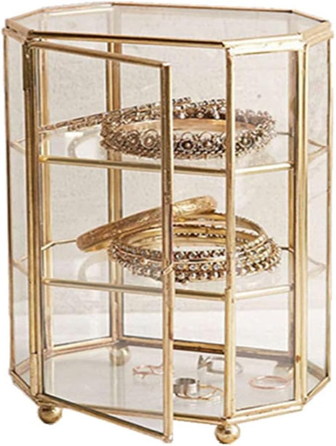 3-Tier Glass and Gold Jewelry Box, Makeup Organizer, Glass Display Case