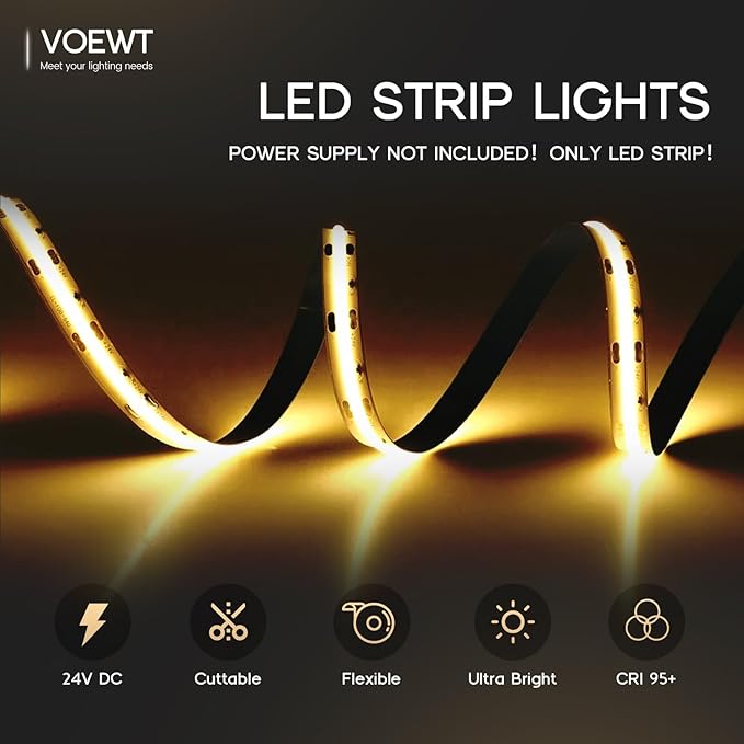 COB LED Strip Lights Neutral White 4000K,16.4ft 24V High CRI 95Ra+ Super Bright,Flexible Tape Lights for Bedroom,Mirror,Kitchen Cabinet, Living Room(Power Supply Not Included)