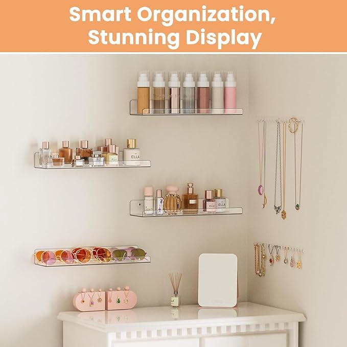 Acrylic Shelves for Bathroom Storage, 15" Floating Shelves Wall Organizer for Perfume, Make up, Skincare, Kids Bookshelf for Bedroom, Nursery, Living Room Decor, Clear 4 Pack