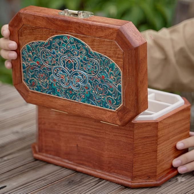 Makeup Organizers Chinese Style Vintage Jewelry Box Wooden 3-Layer Storage Box Cosmetic Box Ring Earring Necklace Bracelet Watch Storage Box 10.11 Inches Jewelry Case