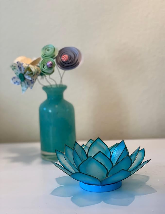 Om Gallery Capiz Shell Lotus Flower Decor Tealight Candle Holder for Serene Ambiance - Handmade Decorative Candle Holders for Meditation, Yoga, and Relaxation, Cool Water