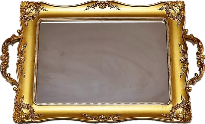 Rectangle Vintage Decorative Mirror Tray, Jewelry Cosmetics Makeup Storage Dresser Organizer Tray, Serving Tray (Golden - Rectangle)