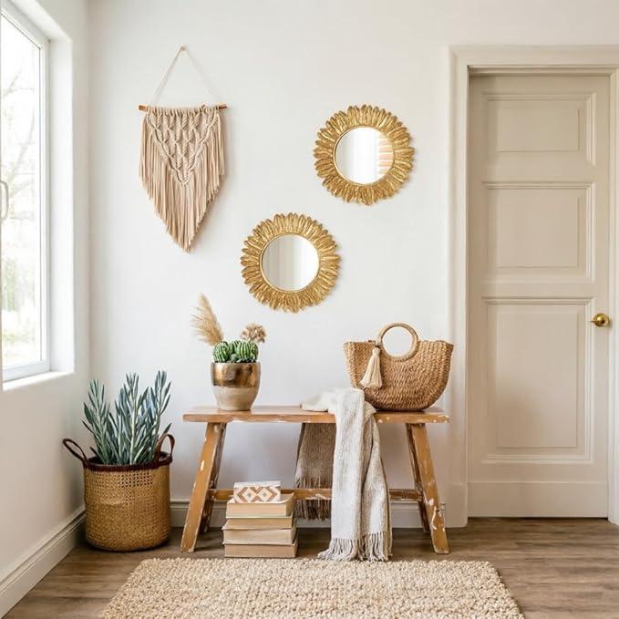 ZOROSY Gold Round Wall Mirror 12 inch - Small Wall Mirror Decorative, Boho Wall Decor for Living Room, Entryway, Bedroom,Hallway,House Warming Gifts