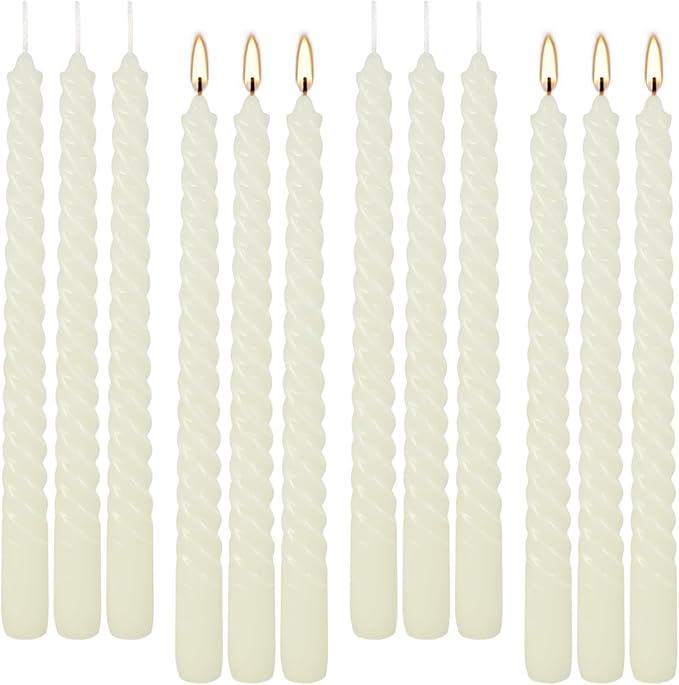 WPONSZU 10 Inch Ivory Spiral Taper Candle Set of 12 Pack Unscented Dripless Candlesticks for Valentine's Day,Dinner,Party,Brithday,Wedding,Christmas,and Home Decoration