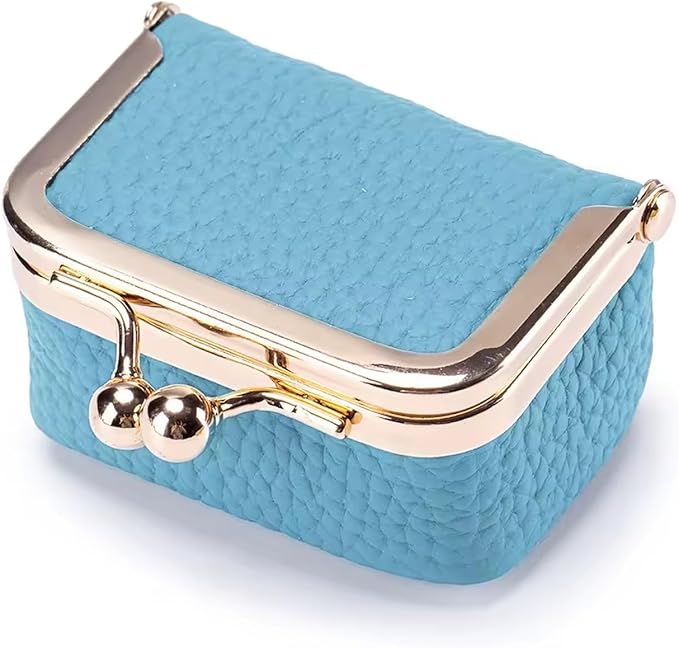Genuine Leather Mini Jewelry Box for Women, Square Coin Purse with Kiss Lock, Jewelry Organizer Travel Case (Small, Aqua Blue)