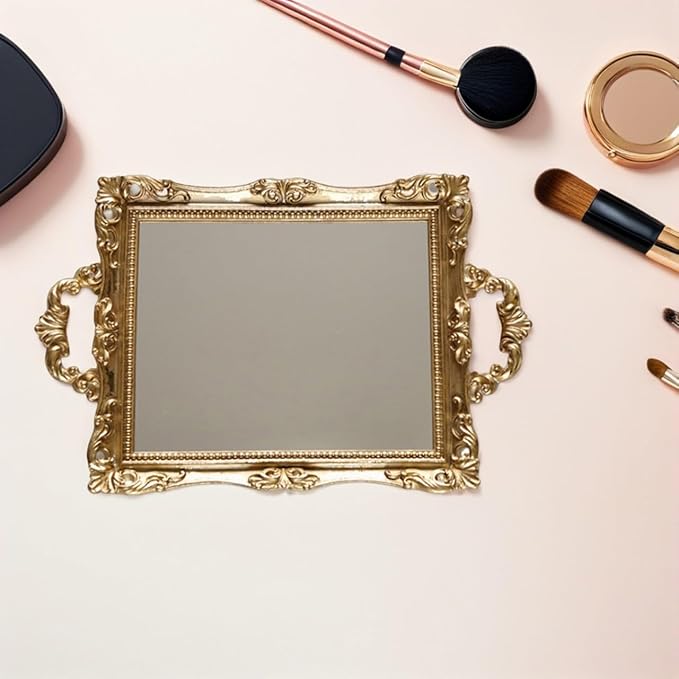 NUOBESTY Vintage Carved Mirror Tray Resin Decorative Plate Nordic Style Wedding Storage Tray Golden Retro Makeup Organizer for Bedroom Vanity Home Decor