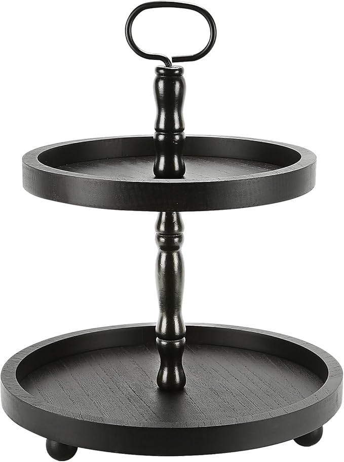Wooden Two Tiered Tray Stand, Farmhouse Round 2 Tier Decorative Tray for Home Kitchen Table Decor, Serving Tray for Coffee Bar Party Weddding Holiday Decorations Fruits and Cupcake Display (Black)