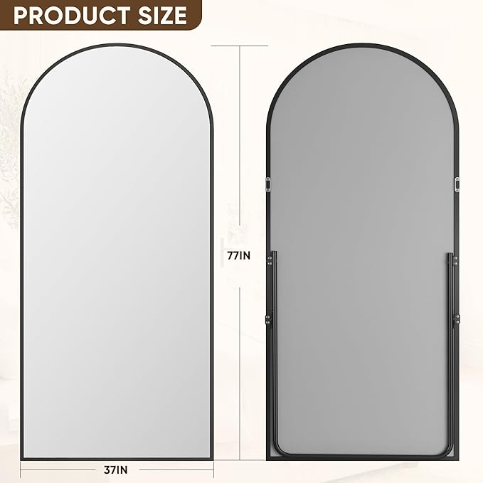 Antok Full Length Mirror, 78"x38" Floor Mirror with Stand, Hanging Mounted Mirrors for Bedroom, Living Room, Cloakroom, Dining Room, Black, Arched