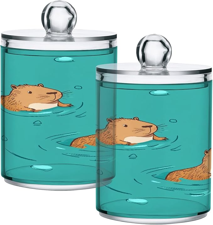 Nander 2Pack Cute Cartoon Capybara Qtip Holder Dispenser -Clear Plastic Apothecary Jars Set - Restroom Bathroom Makeup Organizers Containers for Cotton Swab, Ball, Pads, Floss