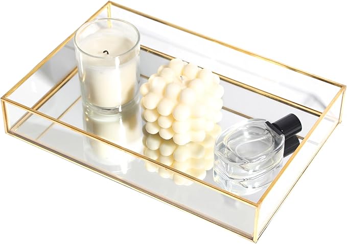 Feyarl Gold Glass Perfume Fragrance Tray Mirror Vanity Jewelry Trinket Magazine Photo Organizer Ornate Cosmetic Makeup Display Decorative Coffee Table Tray for Home Decor Dresser Tabletop （11.8” x 8"）